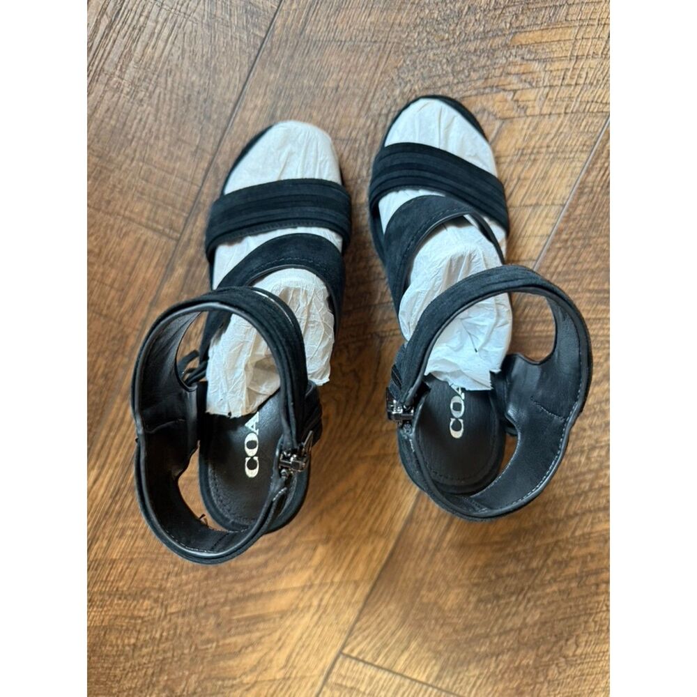 Coach Delaney Black Suede Fringe Wedge Sandals with Feather Charm